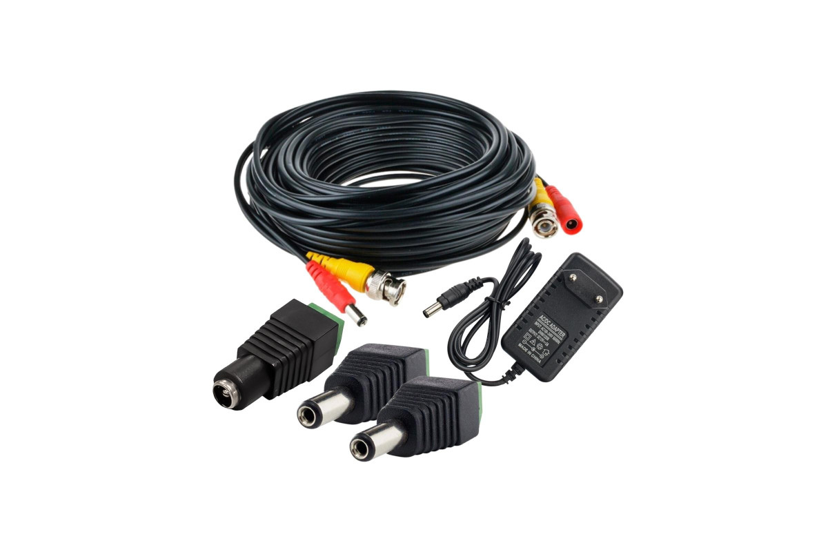 Комплект К-10.2 для системы видеонаблюдения: кабель BNC/DC 10 м, переходники,блок питания