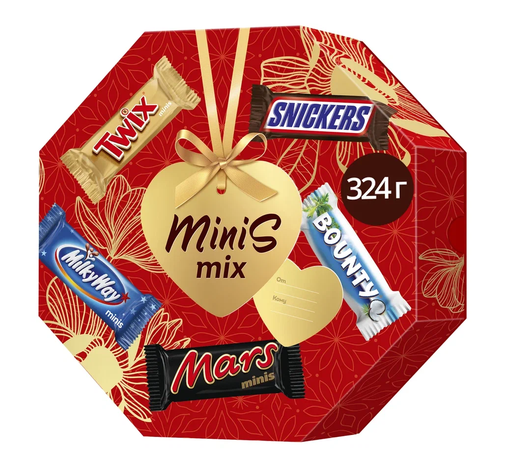 Набор Minis mix Box шоколадные батончики Twix, Snikers, Milky Way, Mars, Bounty, 324 г