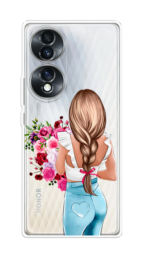 

Чехол на Honor 70 "Девушка с цветами", Коричневый;розовый;голубой, 6108250-6