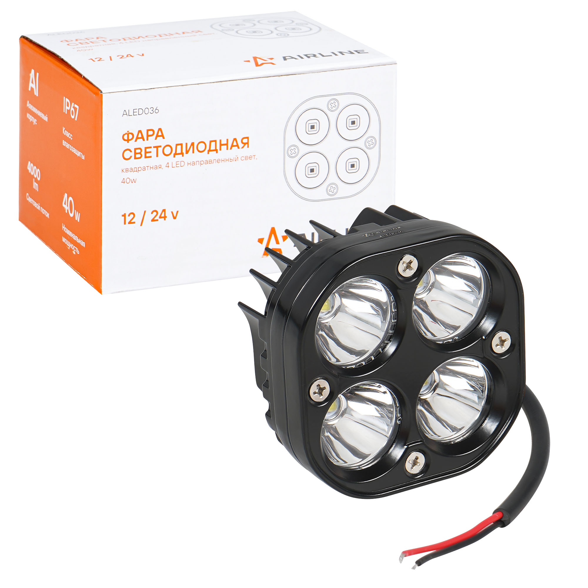 Фара светодиодная квадратная 4 LED направленный свет 40W 78х78х50 1224V AIRLINE ALED036 2288₽