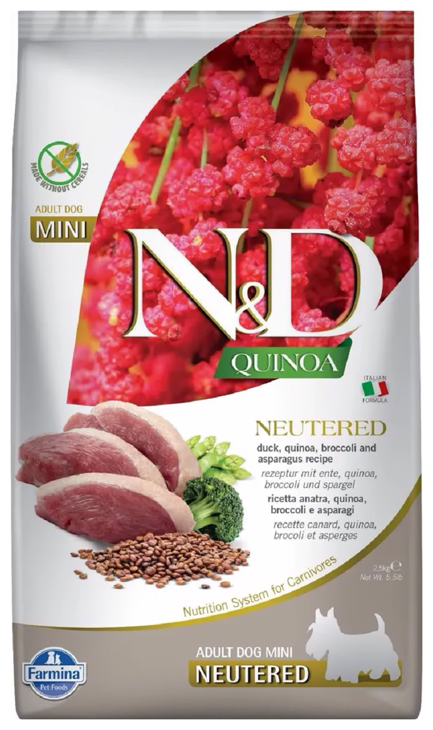 

FARMINA FARMINA DOG N&D QUINOA NEUTERED ADULT MINI DUCK, BROCCOLI & ASPARAGUS беззерновой