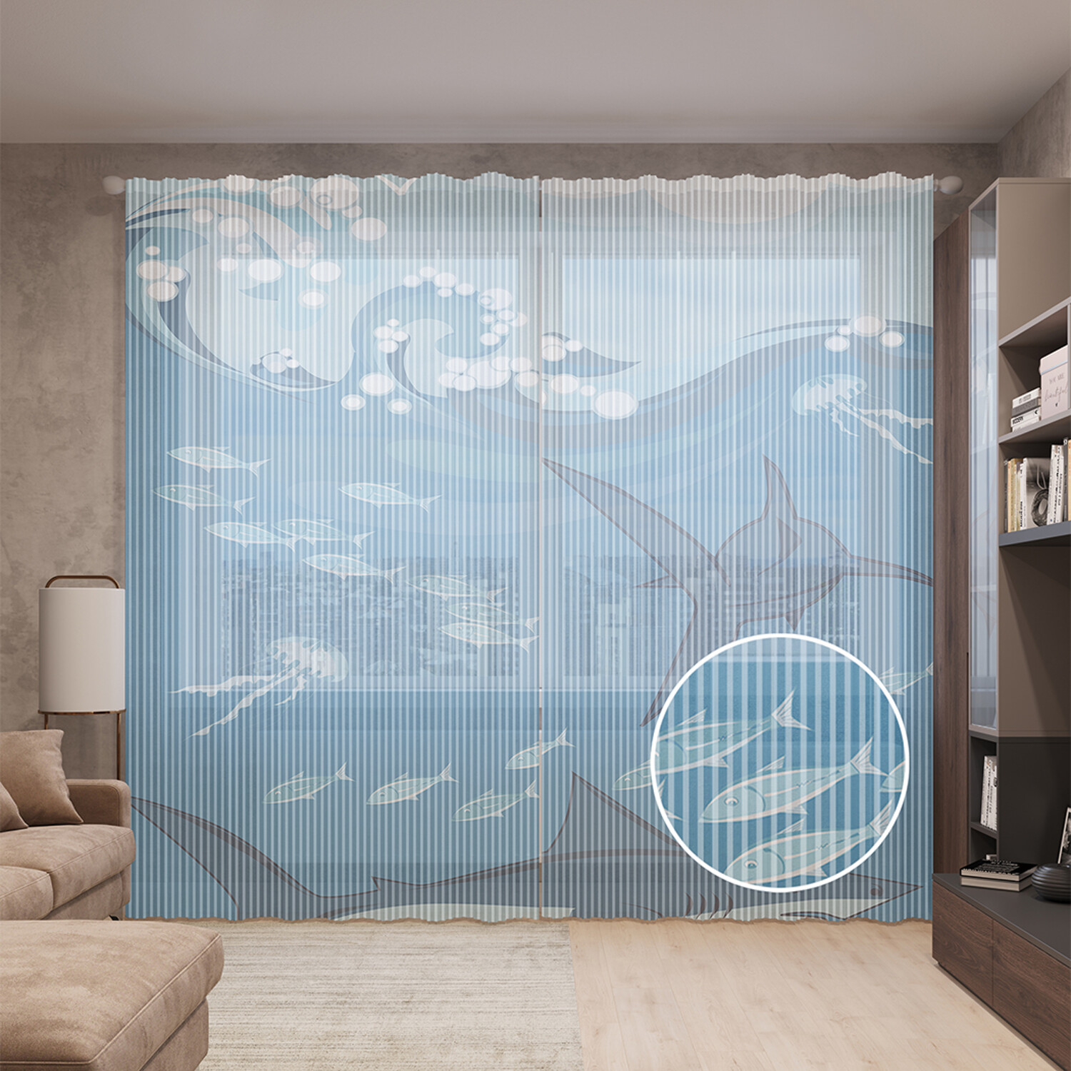 

Тюль вуаль на шторной ленте с принтом JoyArty "Акулы на волнах", 310х265 см, Акулы на волнах