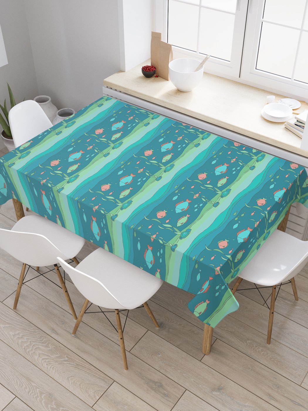 

Скатерть прямоугольная JoyArty "Стая рыб на дне" из сатена, 120x145 см, Стая рыб на дне