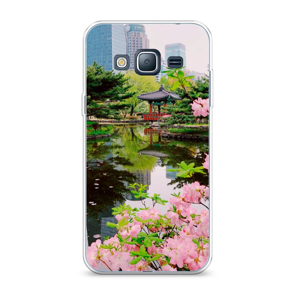 

Чехол на Samsung Galaxy J3 2016 "Сакура возле озера", Зеленый;розовый;голубой, 22450-2