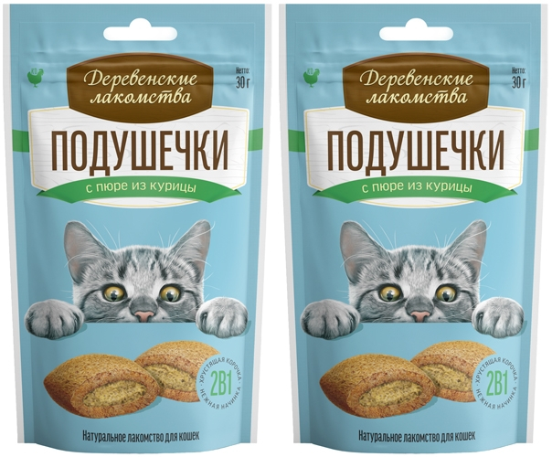 

Лакомство для кошек Деревенские лакомства Подушечки с пюре из курицы, 2шт по 30г