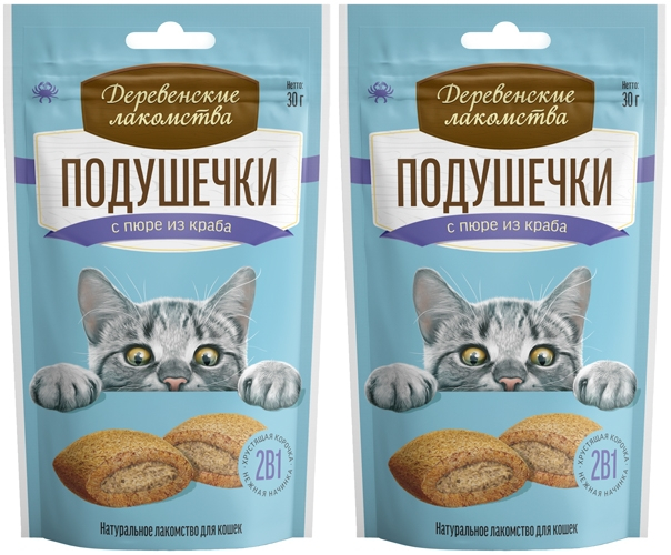 

Лакомство для кошек Деревенские лакомства Подушечки с пюре из краба, 2шт по 30г