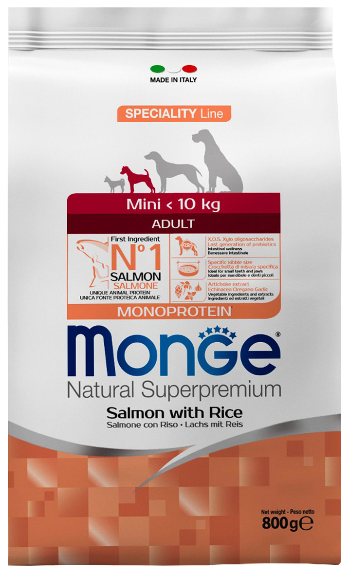 

Сухой корм для собак Monge Speciality Adult Mini, лосось, рис, 2 шт по 0,8 кг