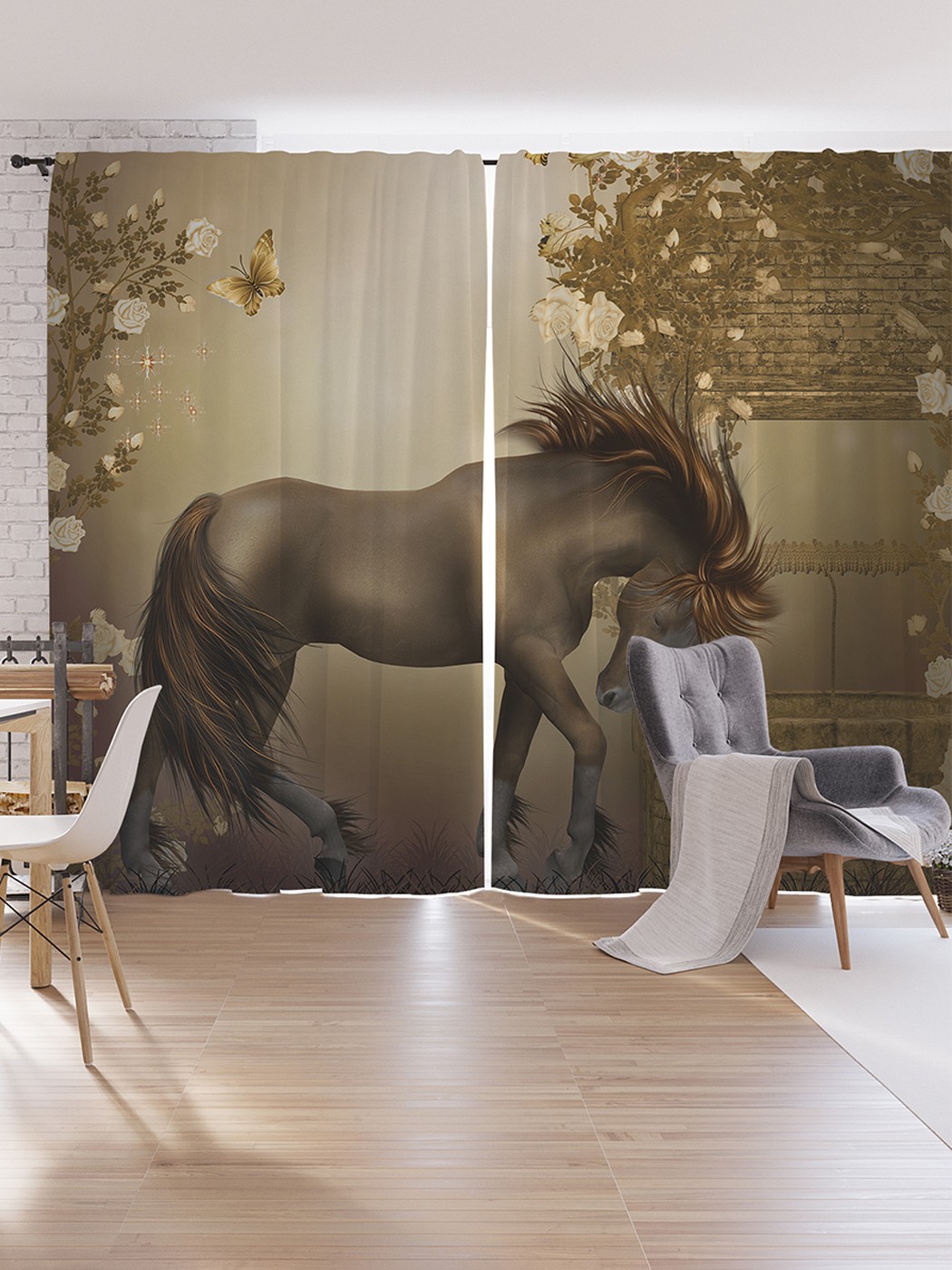 фото Шторы под лён joyarty "задумчивая лошадь", серия oxford delux, 340х265 см