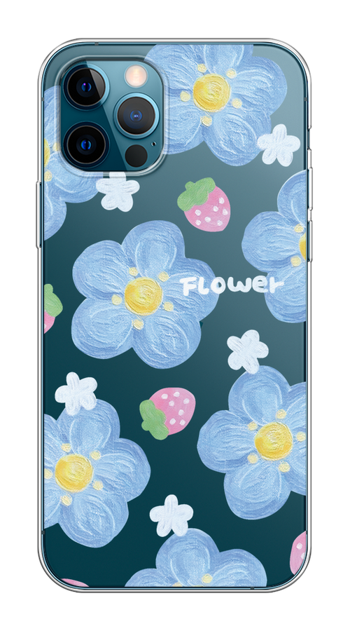 

Чехол на Apple iPhone 12/12 Pro "Цветы и клубники", Прозрачный;голубой;белый, 12850-1