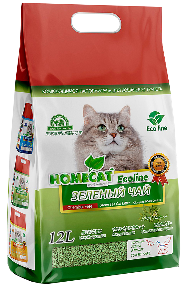 фото Homecat homecat эколайн зеленый чай наполнитель комкующийся для туалета кошек (12 л х 4 шт