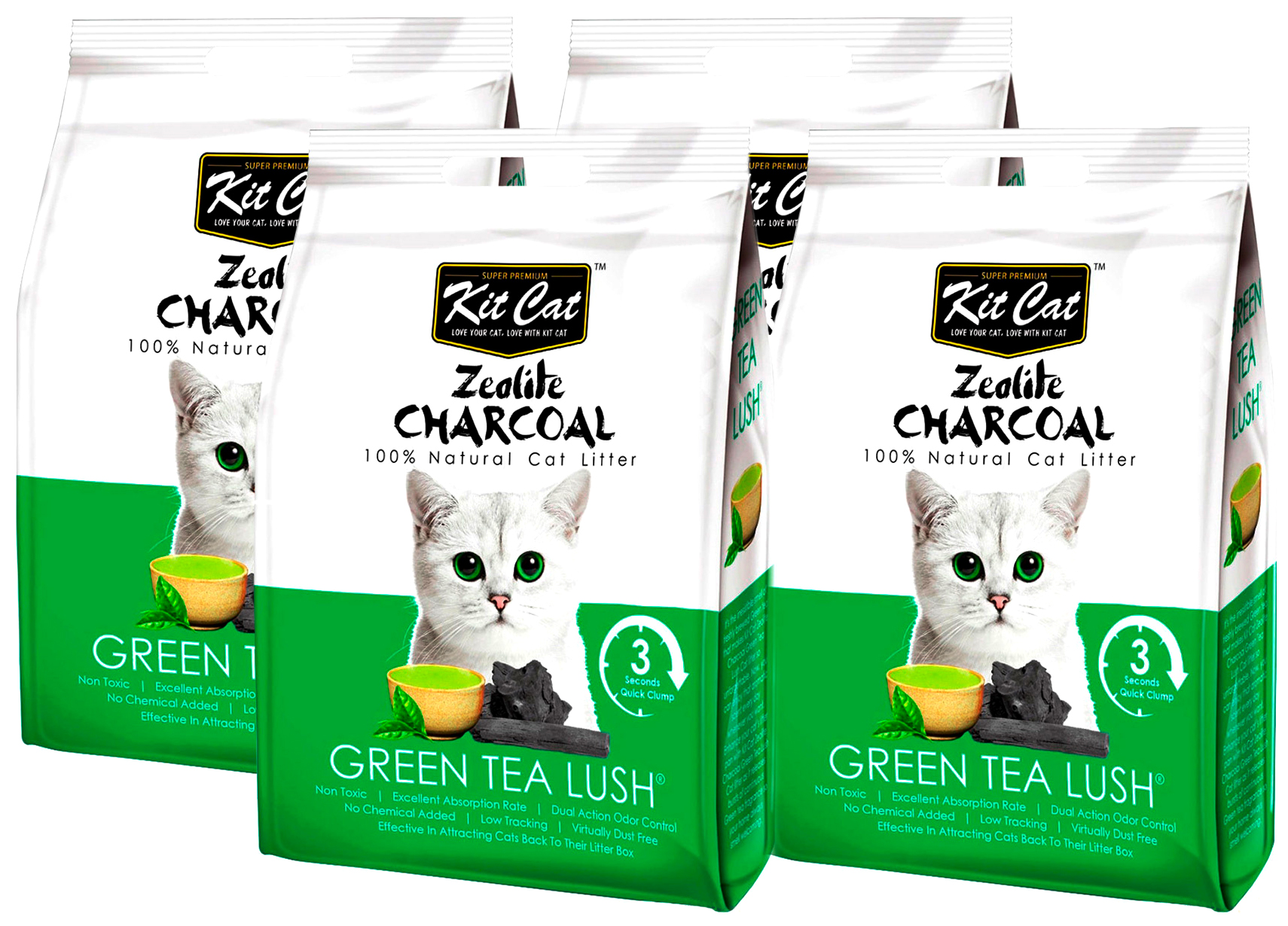 фото Наполнитель kit cat zeolite charcoal green tea lush с ароматом зеленого чая, 4шт по 4кг