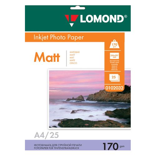 

Фотобумага Lomond A4, для струйной печати, 25л, 170г/м2, белая матовая, Белый