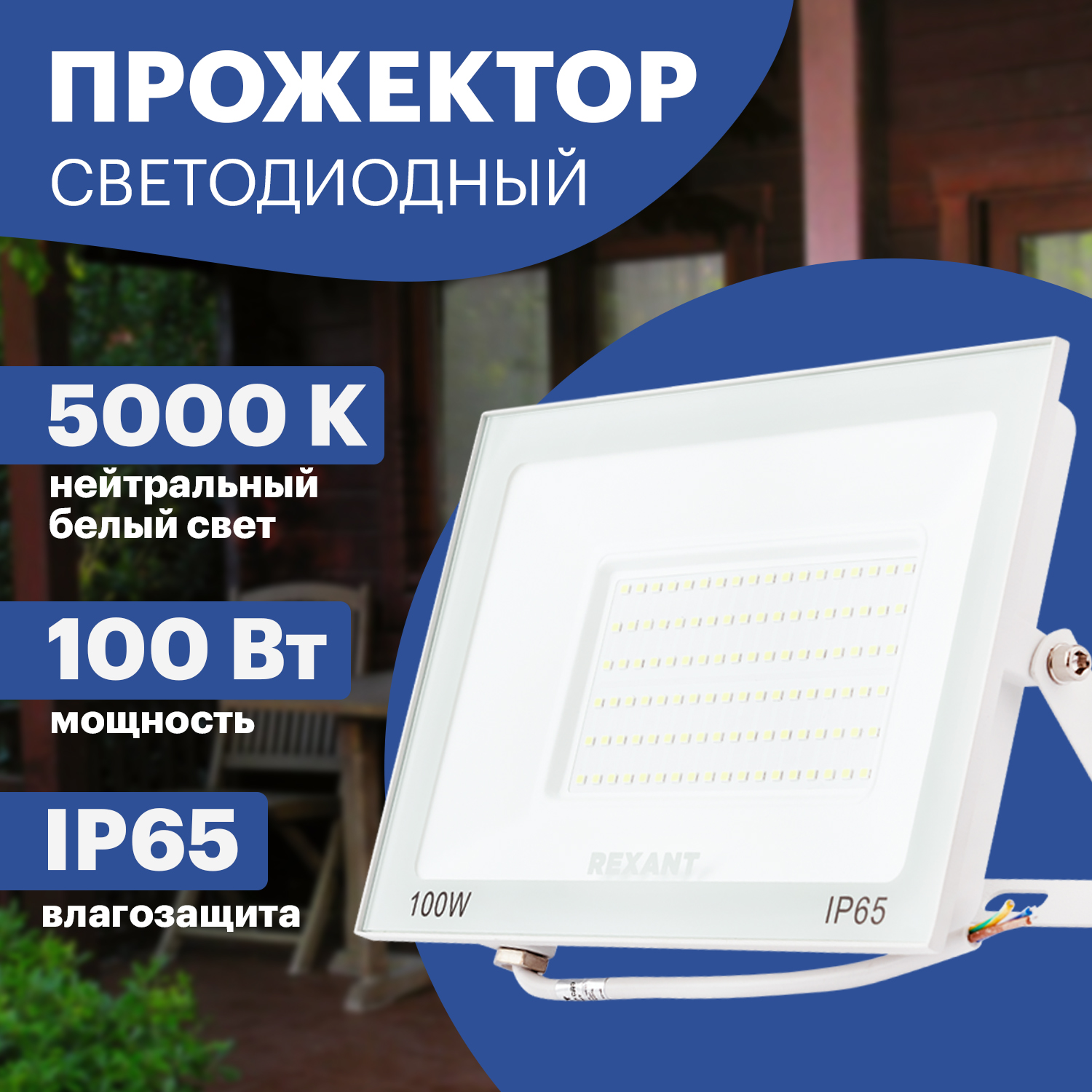

Прожектор REXANT светодиодный СДО 100Вт 8000Лм 5000K дневной свет белый корпус