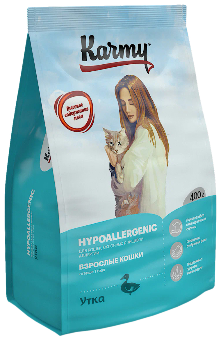 фото Сухой корм для кошек karmy hypoallergenic утка, 2 шт по 400 г