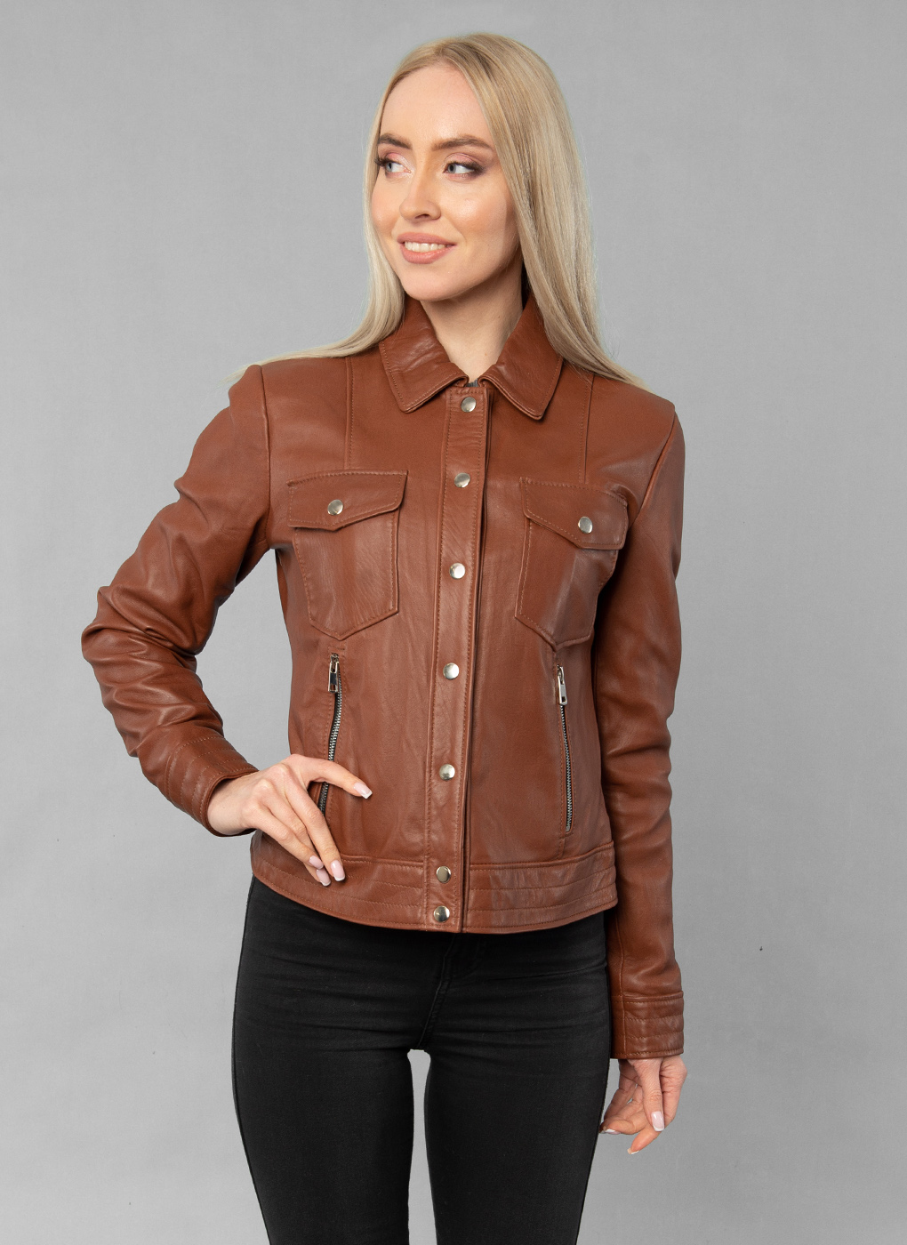 фото Кожаная куртка женская каляев 1611017 коричневая 44 ru