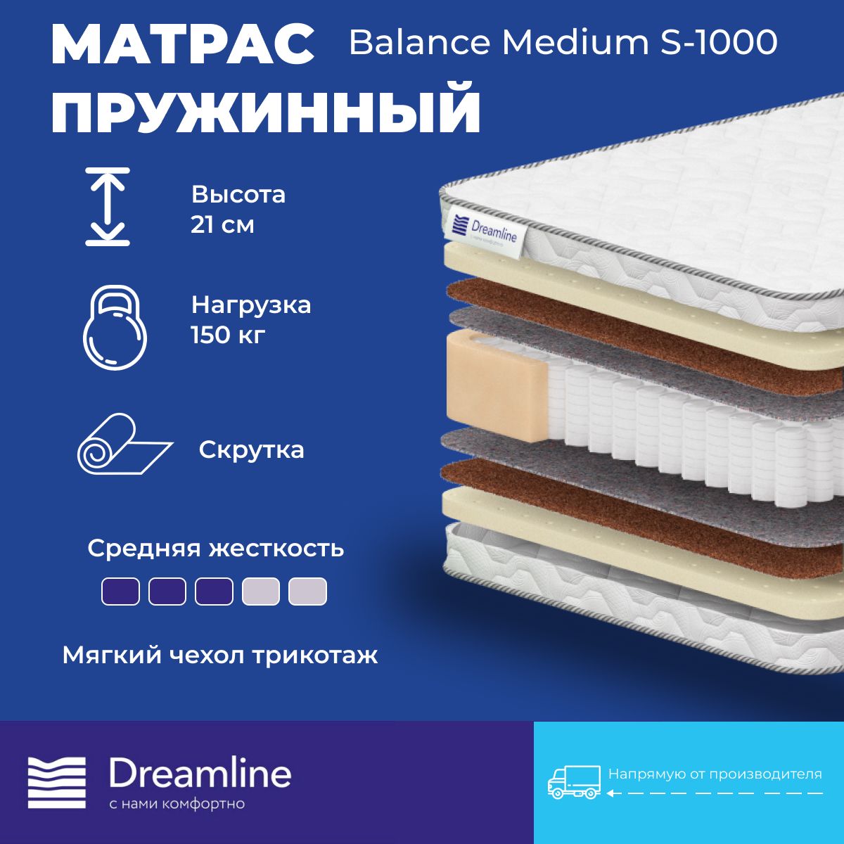 

Матрас Dreamline Balance Medium S1000 независимые пружины 180x200 см, Белый, Balance Medium S1000