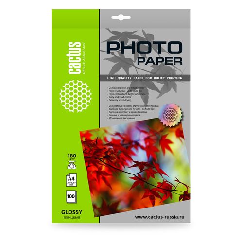 

Фотобумага Cactus A4, для струйной печати, 100л, 180г/м2, белая глянцевая, Белый