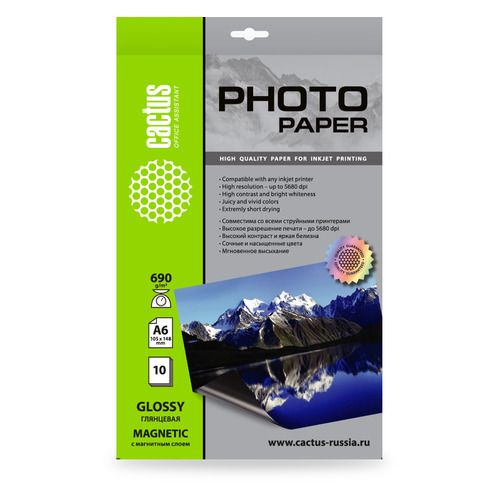 

Фотобумага Cactus A6, для струйной печати, 10л, 690г/м2, белая глянцевая магнитный слой, Белый
