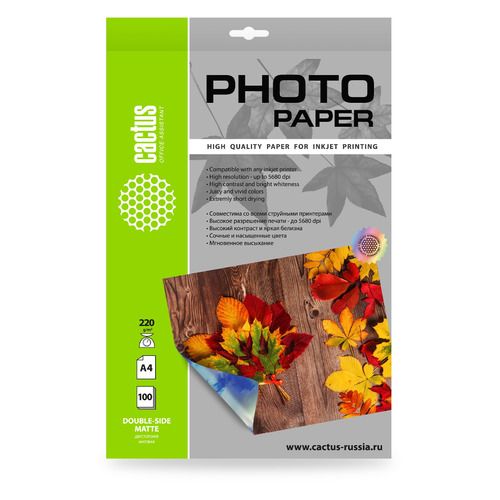 

Фотобумага Cactus CS-MA4220100DS, A4, для струйной печати, 100л, 220г/м2, белая матовая, Белый, CS-MA4220100DS