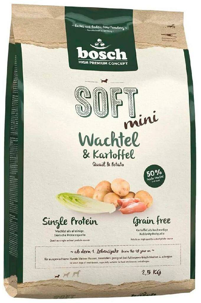 

Полувлажный корм для собак BOSCH SOFT ADULT MINIi с перепелкой и картофелем 2шт по 2,5кг
