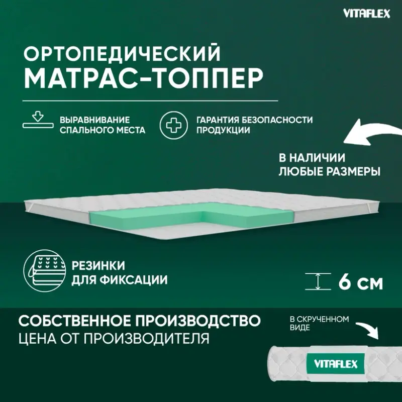 

Матрас-топпер ортопедический Vitaflex Soft Tricot 5x4Sk беспружинный 145x195 см, Белый, Soft Tricot 5x4Sk