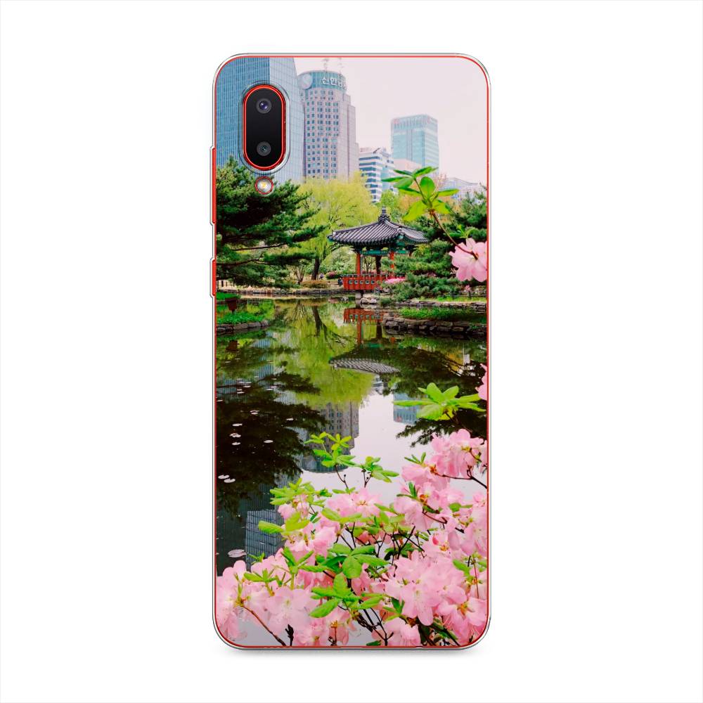 

Чехол на Samsung Galaxy A02 "Сакура возле озера", Зеленый;розовый;голубой, 2102550-2