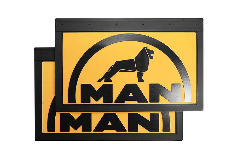 

Комплект брызговиков MAN 600*370 желтая основа черная надпись полукруг