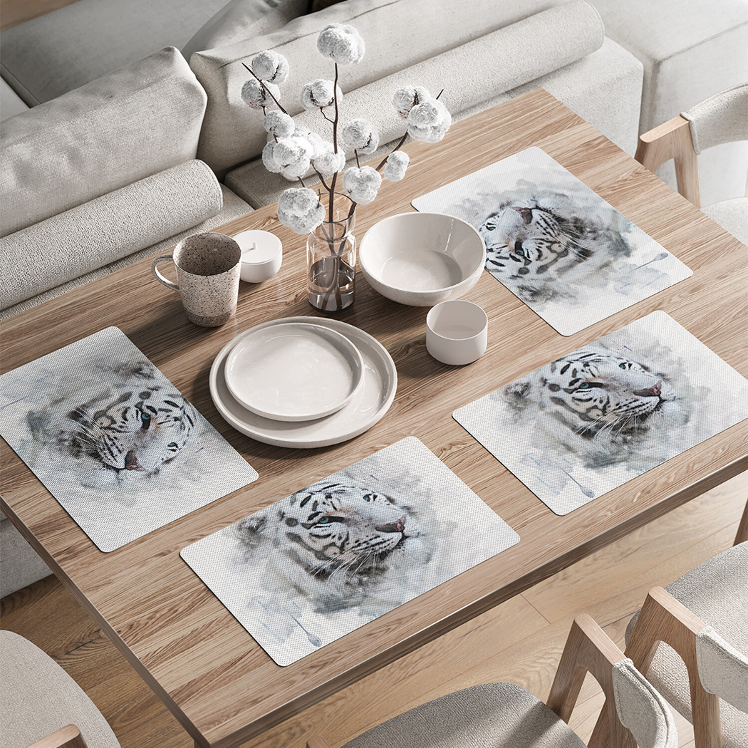 

Комплект тканевых салфеток JoyArty "Тигр альбинос" для сервировки стола 46x30 см 4шт, Серый, Тигр альбинос