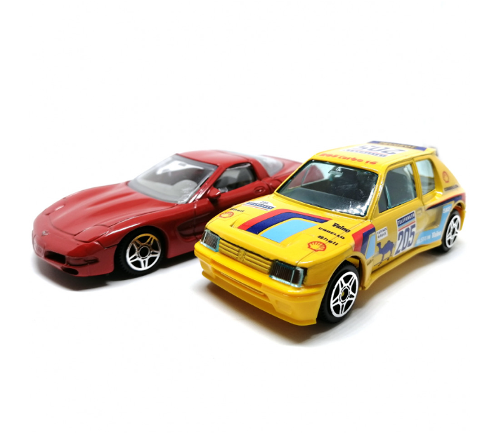 

Модель Peugeot 205 turbo Chevrolet Corvette масштаба 1:43, металл, Красный;желтый