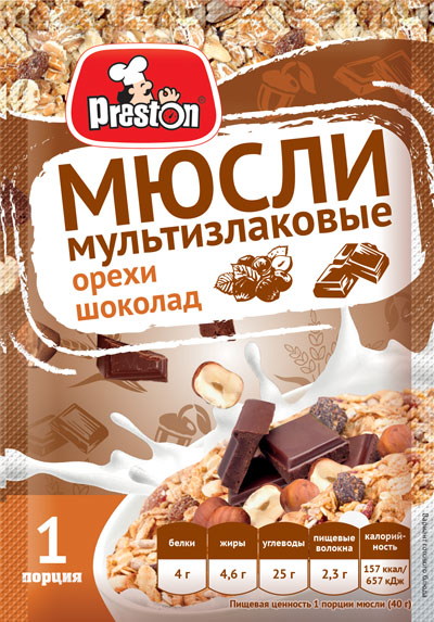 

Мюсли Preston мультизлаковые с шоколадом и орехом 40 г