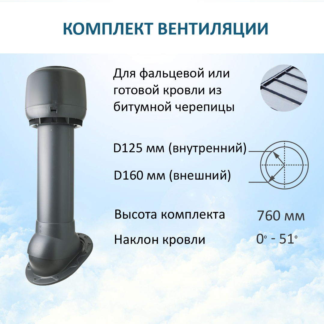 

Комплект вентиляции: Колпак D160, вент. выход H-700, для скатной кровли, Серый, K-VV160-700/S/K160