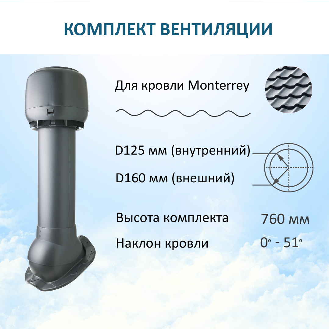 

Комплект вентиляции: Колпак D160, вент. выход Н-700, для металлочерепицы Monterrey, Серый, K-VV160-700/M/K160