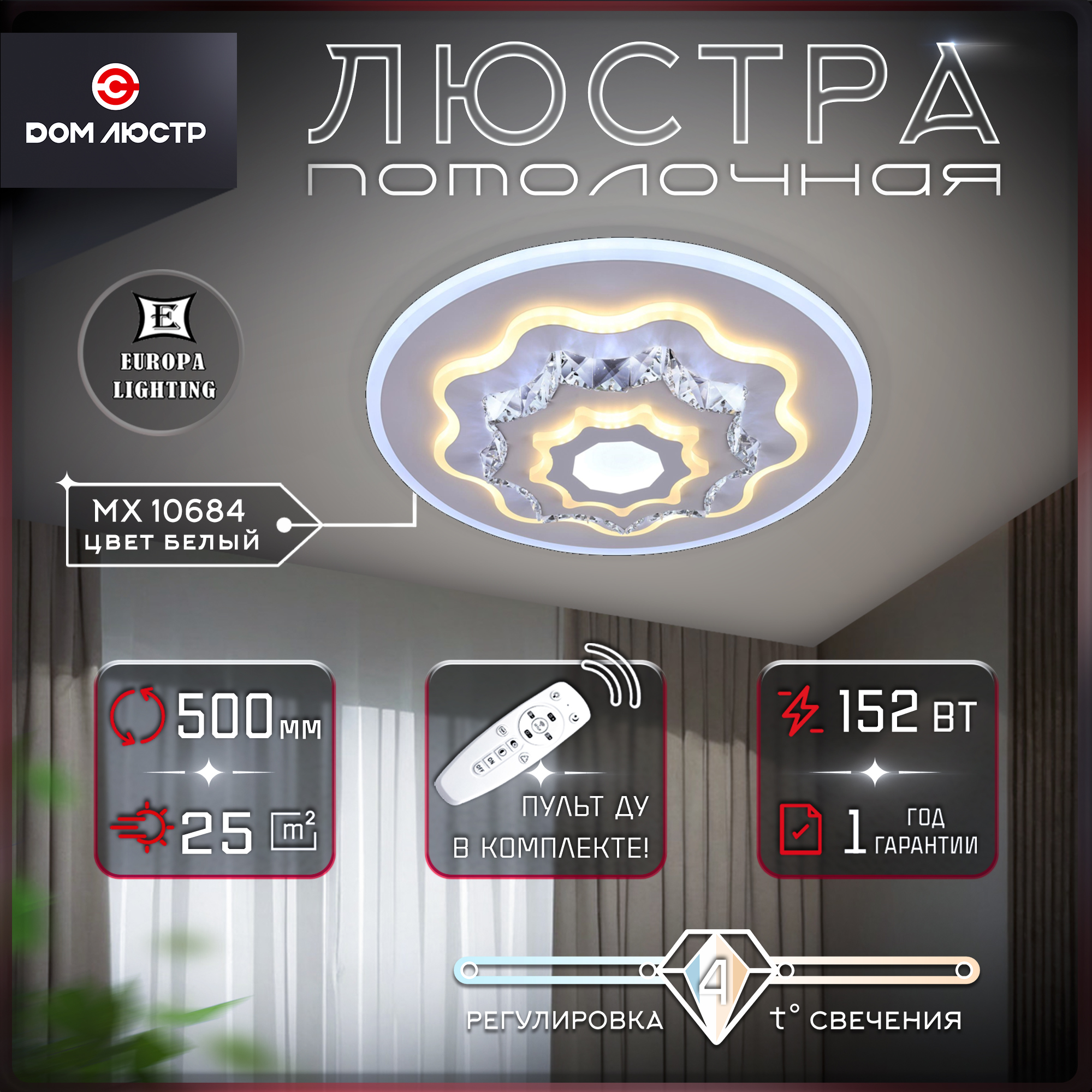 Люстра светодиодная Europa Lighting MX 10684 White с пультом на 25 кв.м.