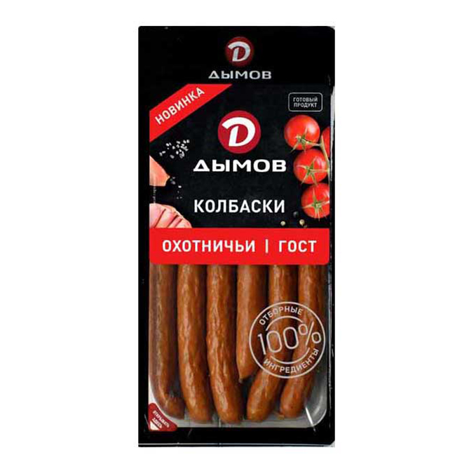 

Колбаски Дымов Охотничьи полукопченые +-1 кг