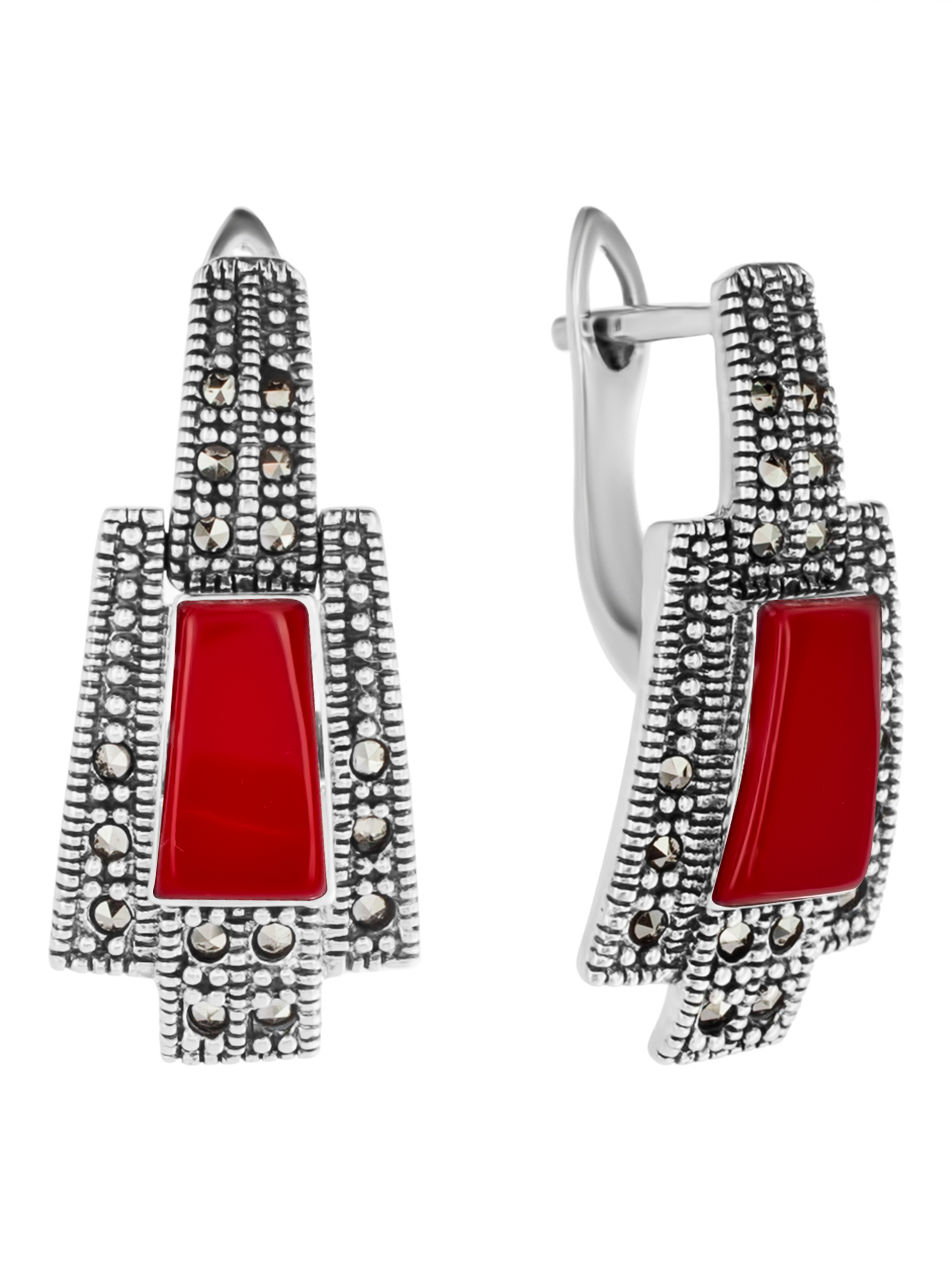 Серьги из серебра Марказит HE255, марказит/коралл искусственный