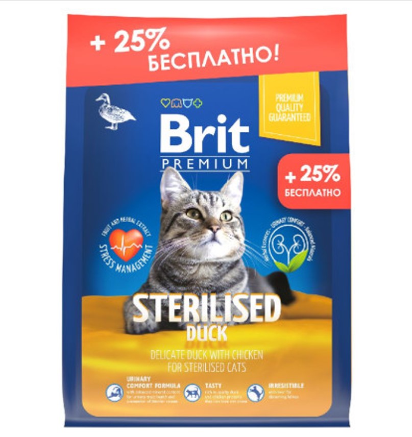 

Сухой корм для кошек Brit Premium Cat Duck&Chicken Sterilised, 2,5 кг, Premium