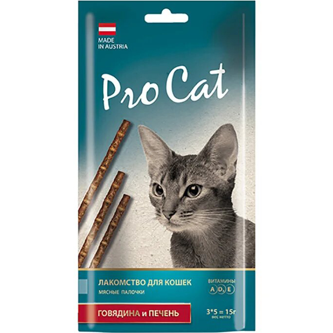 Лакомство для кошек Pro Cat Лакомые палочки с говядиной и печенью, 3 шт, 15 г