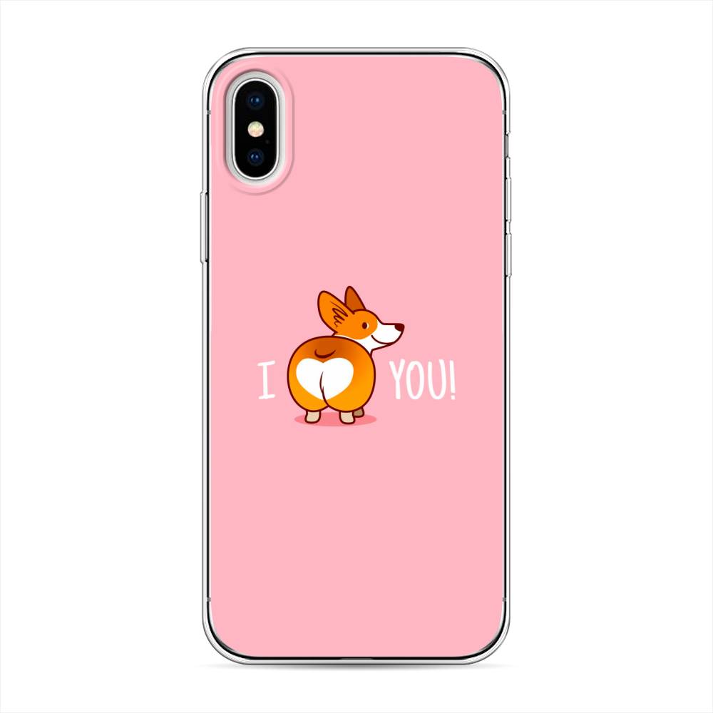 Чехол для Apple iPhone XS с изображением корги и надписью I love you.