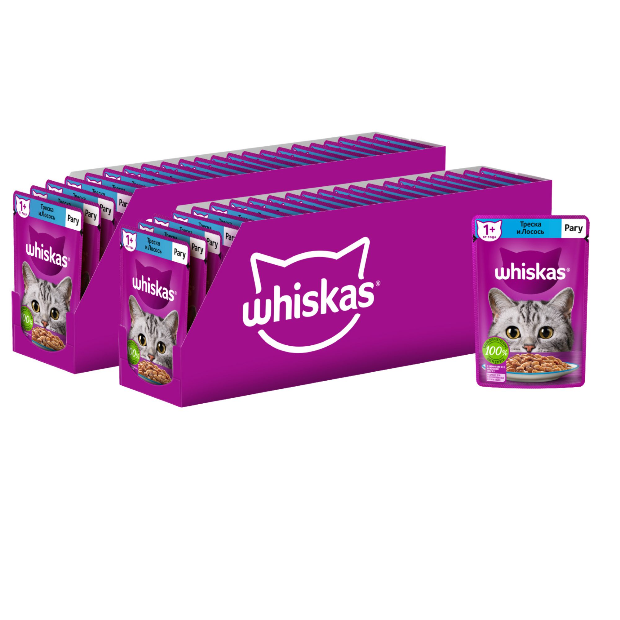 фото Влажный корм whiskas для взрослых кошек, рагу с треской и лососем, 56 шт по 75 г