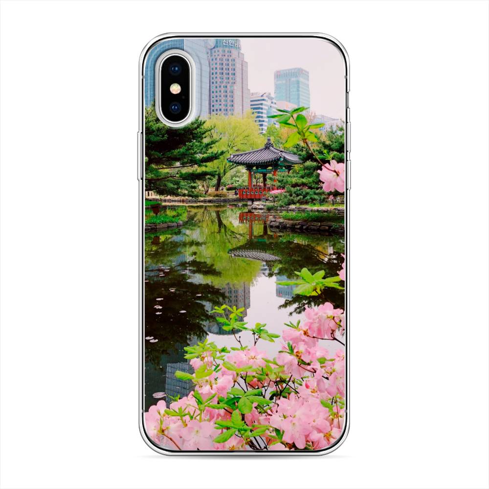 

Чехол на Apple iPhone XСакура возле озера, Зеленый;розовый;голубой, 11050-2