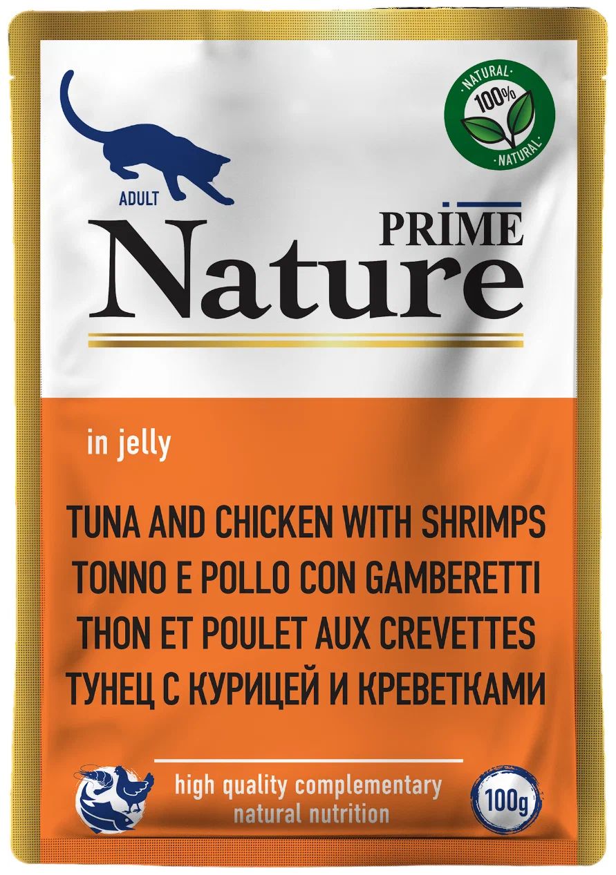

Влажный корм для кошек Prime Nature, тунец с курицей и креветками в желе, 100г