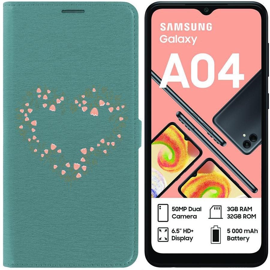 

Чехол-книжка Eco для Samsung Galaxy A04 (A045) Цветочное сердце (зелёный опал), Зеленый