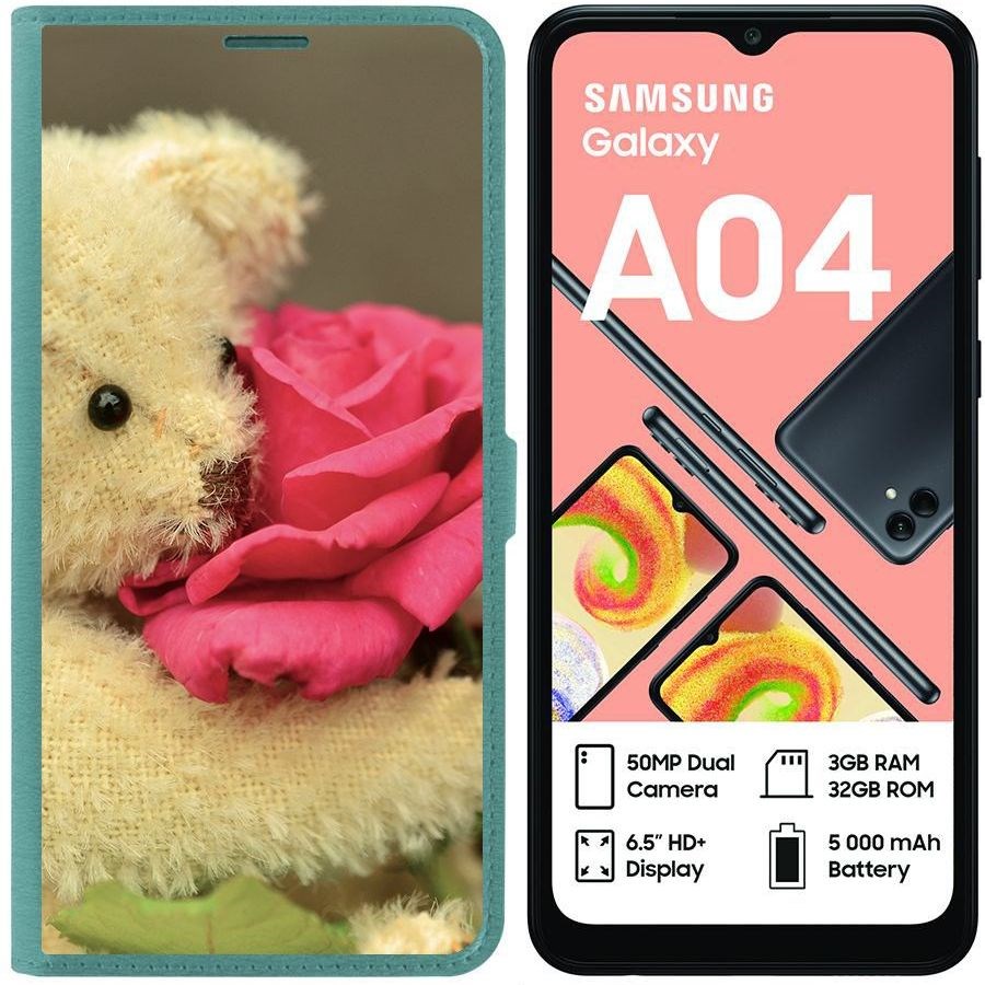 

Чехол-книжка Eco для Samsung Galaxy A04 (A045) Медвежонок с розой (зелёный опал), Зеленый