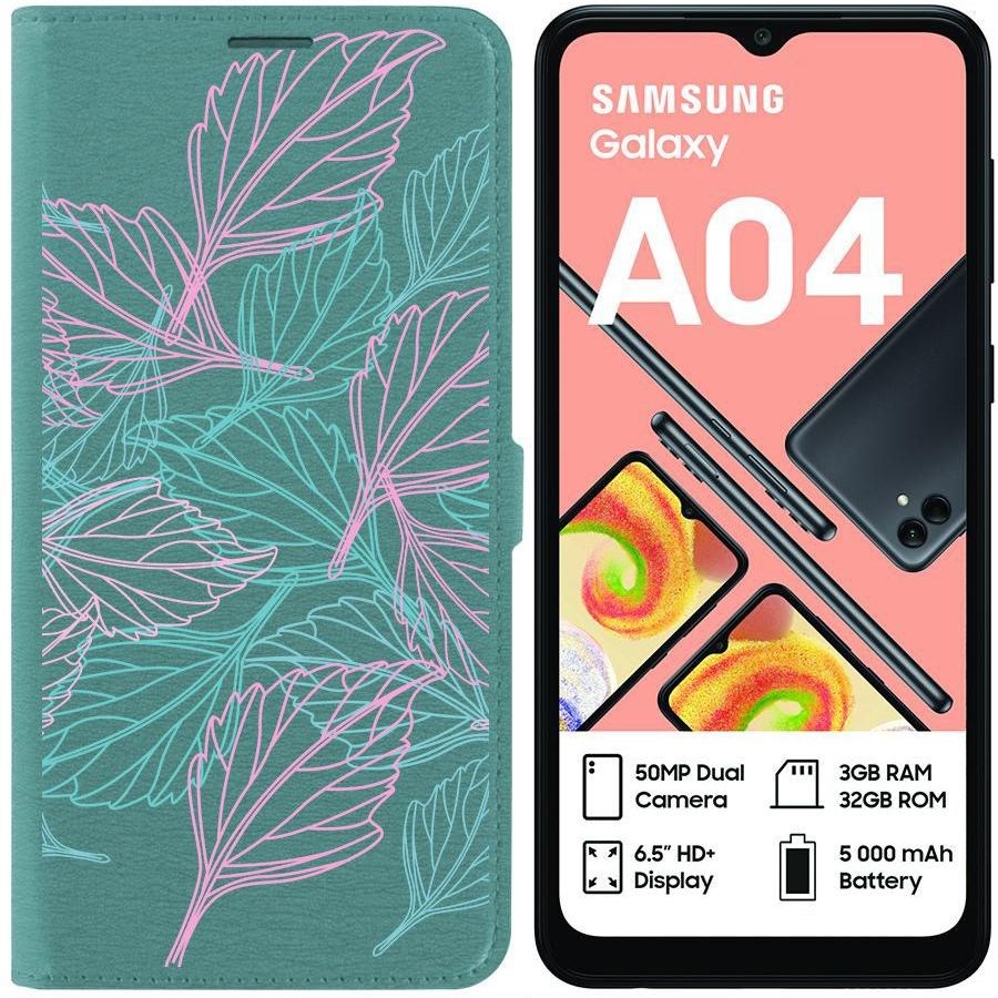 

Чехол-книжка Eco для Samsung Galaxy A04 (A045) Листья паттерн (зелёный опал), Зеленый