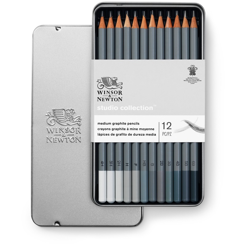 Набор чернографитных карандашей Winsor&Newton (HB, B-6B, F, H-4H), 12шт, в метал пенале