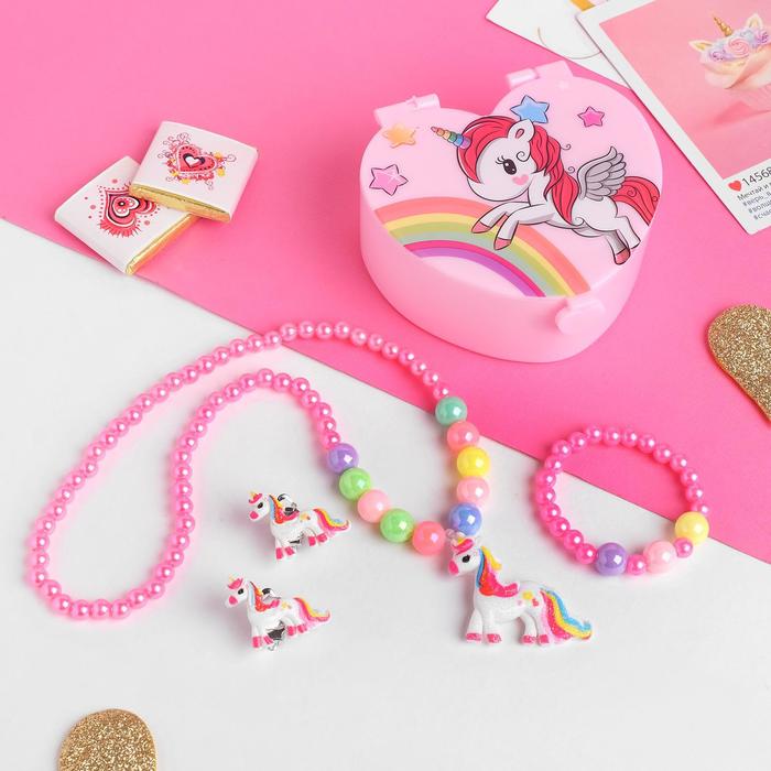 Комплект детский 3 предмета: клипсы, бусы, браслет Шкатулка с зеркалом, цветной