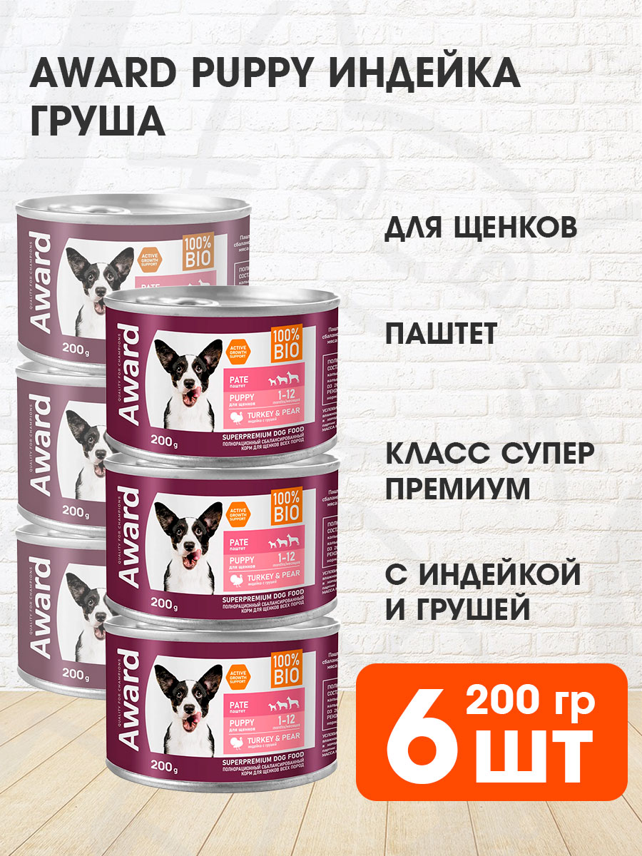 

Консервы для щенков AWARD PUPPY TURKEY & PEAR, с индейкой и грушей, 6 шт по 200 г