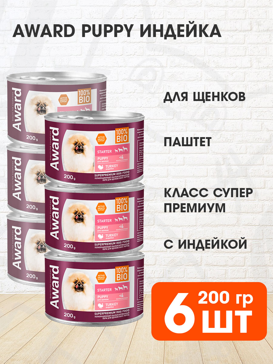 

Консервы для щенков AWARD PUPPY STARTER TURKEY, с индейкой, 6 шт по 200 г