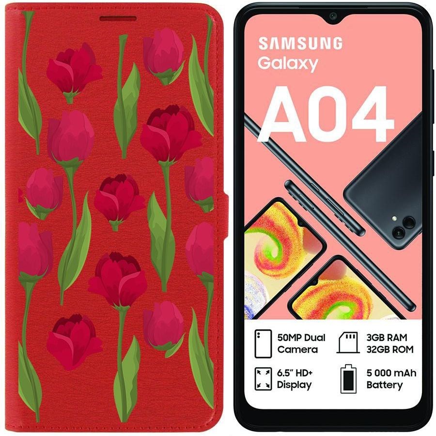 фото Чехол-книжка eco для samsung galaxy a04 (a045) розы паттерн (красный) krutoff