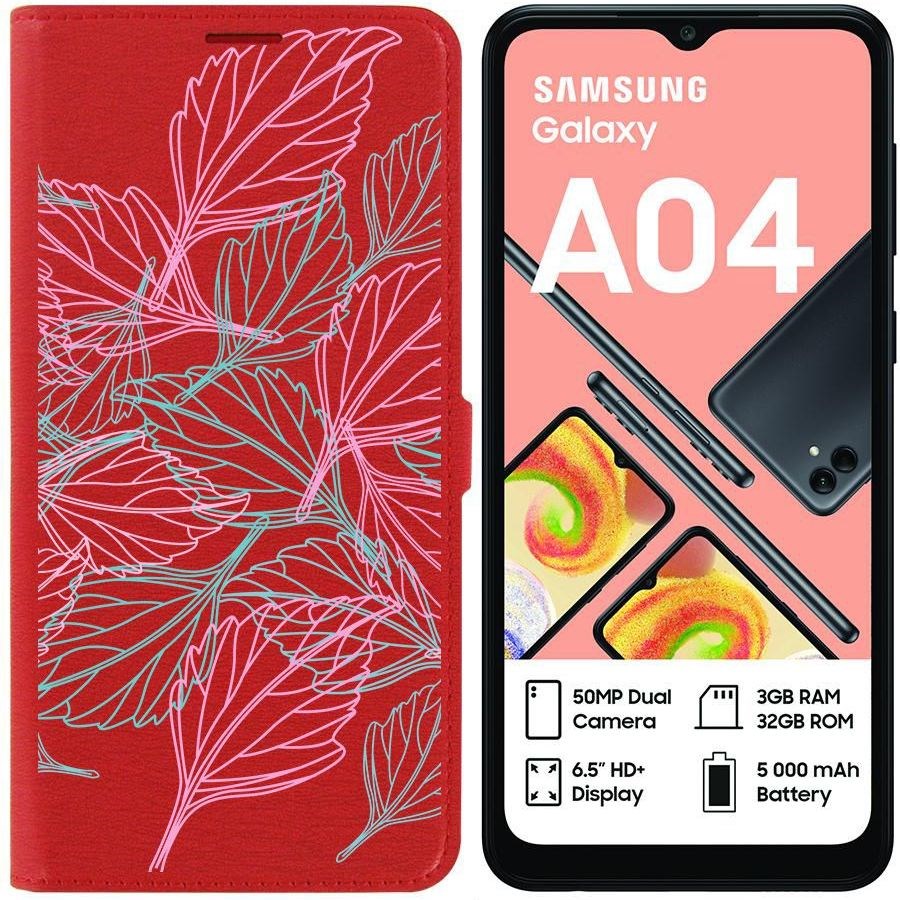 Чехол-книжка Eco для Samsung Galaxy A04 (A045) Листья паттерн (красный)